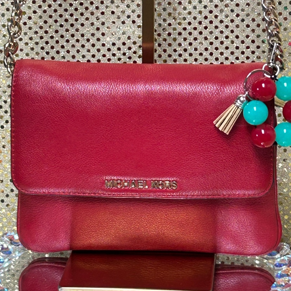 Michael Kors Red Leather Crossbody with Bead Charm Approx. 8.5 x 6.5